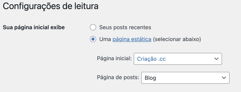 print configuração de leitura do wordpress para definir página inicial