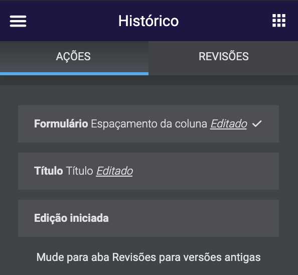 aba ações do histórico do elementor, versões recentes
