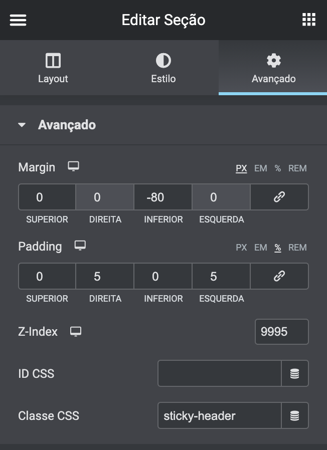 aba avançado, configuração de classe css sticky-header no elementor