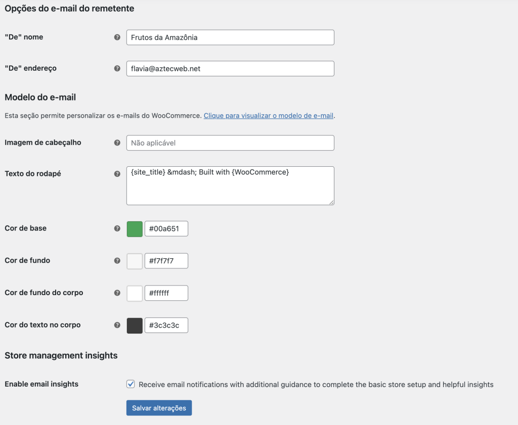 Opções do e-mail automático do remetente woocommerce