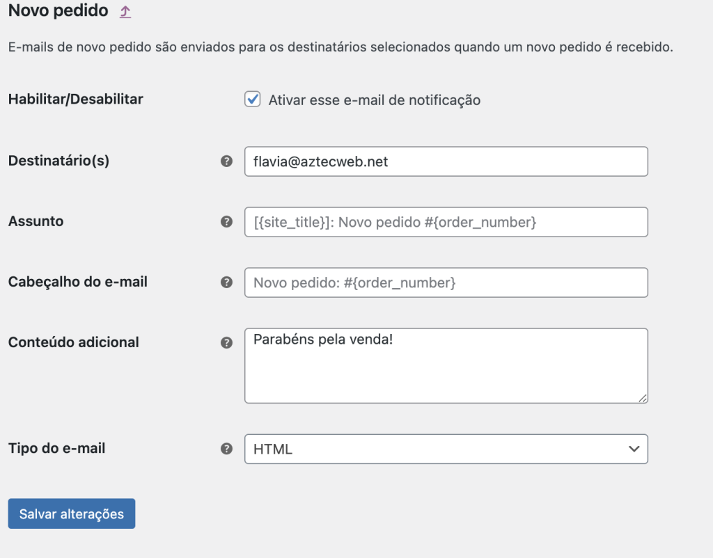 opção de gerenciar e-mails automáticos woocommerce