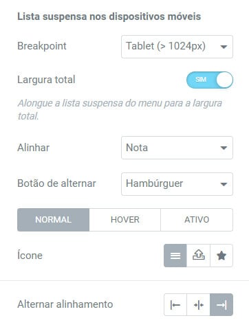 Captura de tela exibe a configuração da lista suspensa nos dispositivos móveis.