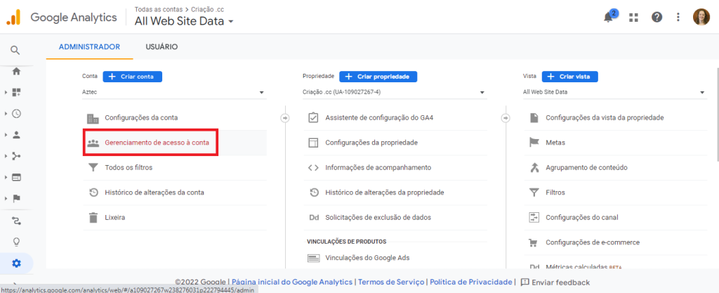 gerenciamento de acesso à conta Analytics