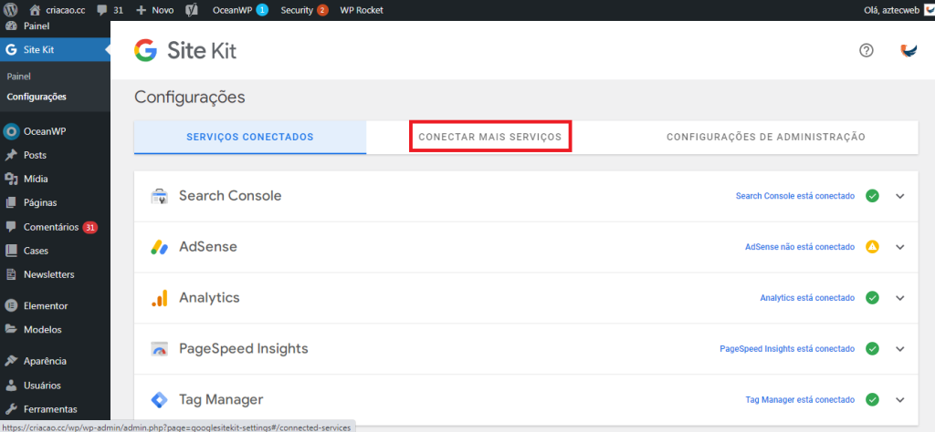 conectar mais serviços no Site Kit