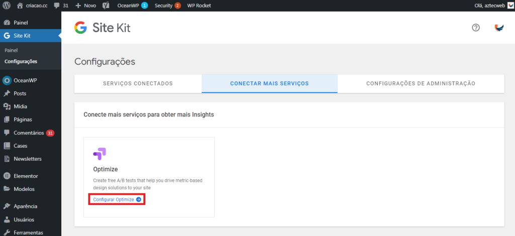 Google Optimize no Site Kit