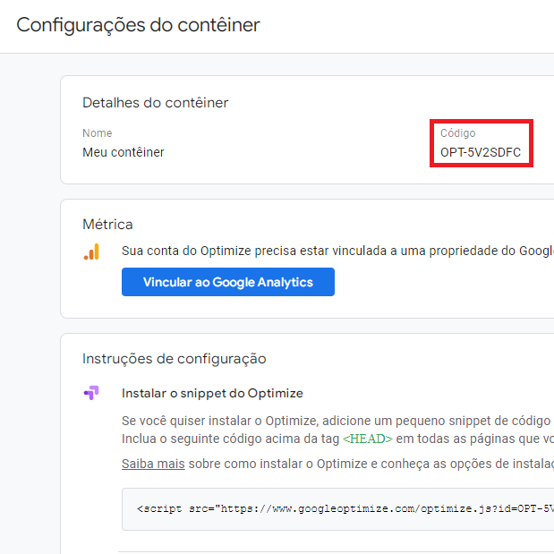 configurações Google Optimize