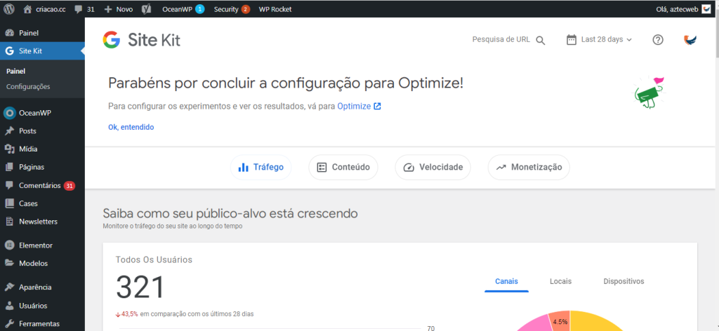 configuração Google Optimize com Site Kit pronta