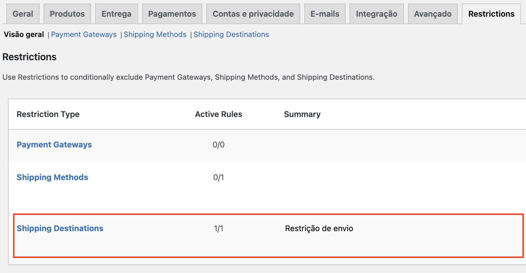 restrições de envio - shipping destinations