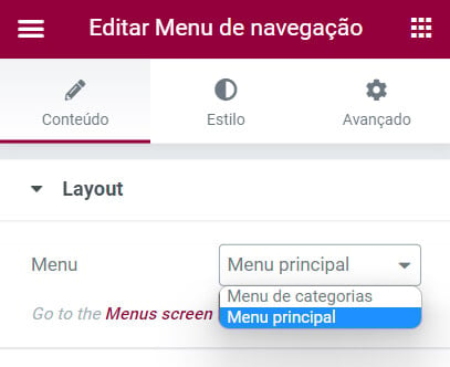 Captura de tela mostra o campo, dentro do Elementor, onde é possível selecionar o menu criado previamente, em outra área do WordPress.