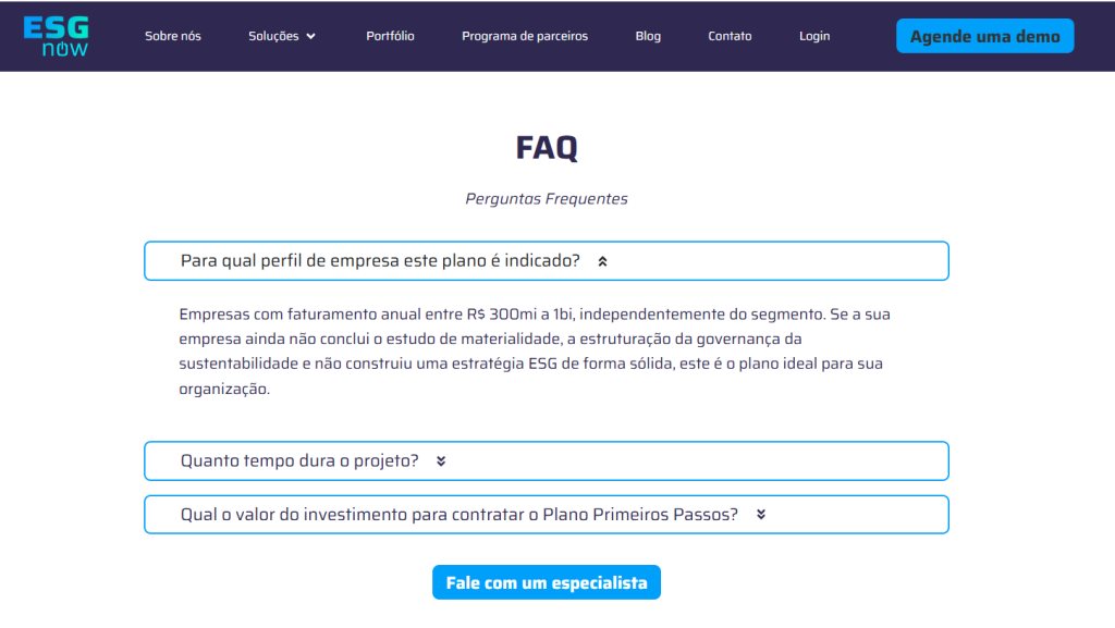 área de FAQ site ESG Now